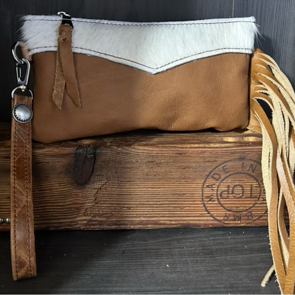 Brown and White Leather Fringe Clutch